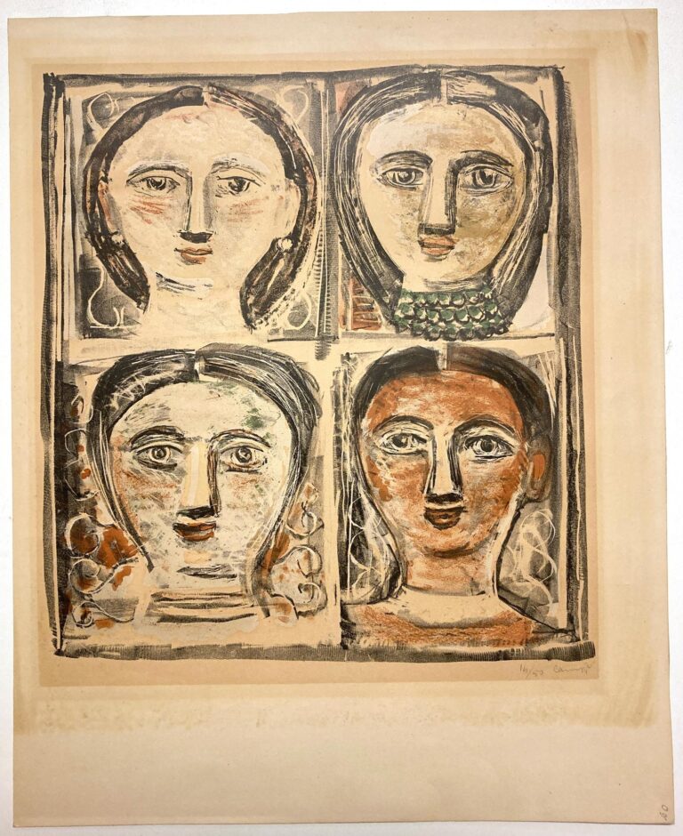 Massimo Campigli, Quattro teste, 1942, litografia in colori diversi, 335x304 mm