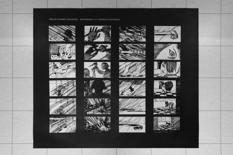 Psycho, regia di Alfred Hitchcock, 1960 Storyboard di Saul Bass Copia espositiva. Courtesy Saul Bass papers, Margaret Herrick Library, Academy of Motion Picture Arts & Sciences