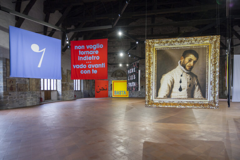 Statements, 2021-22, installation view at Palazzo della Ragione, Bergamo. In the image artworks by John Armleder, Emily Jacir, Pipilotti Rist, Francesco Vezzoli, Lawrence Weiner. Courtesy The Blank Contemporary Art. Foto Paolo Biava