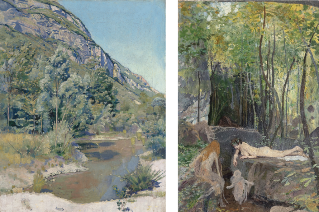 Ferdinand Hodler, ai piedi del Petit Salève, 1890 e Filippo Franzoni, Sottobosco con sorgente e nudi, 1900-03. Courtesy MASI Lugano