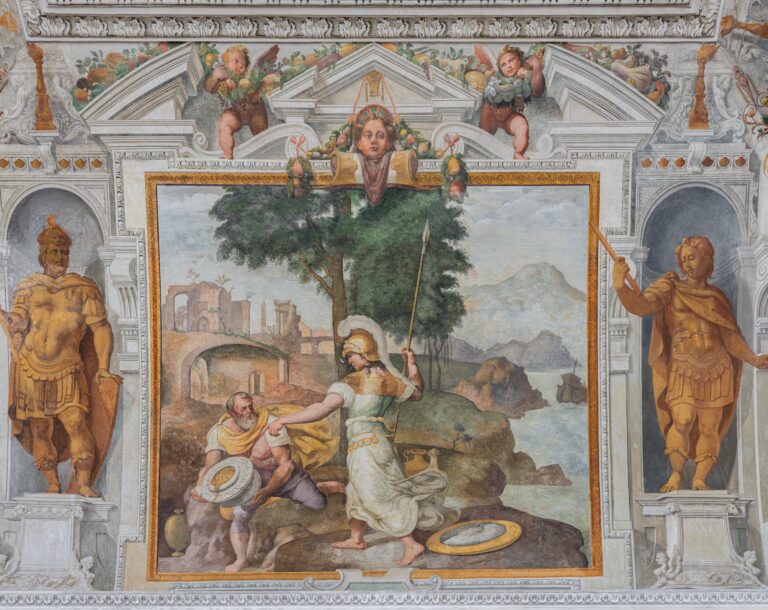 Villa delle Peschiere, riquadro della volta del Salone d’Onore raffigurante Minerva indica a Ulisse dove nascondere il tesoro vinto nella gara del disco, G.B. Castello detto il Bergamasco, 1560 c.ca. Courtesy Palazzo Foundation, foto Monica Schettino